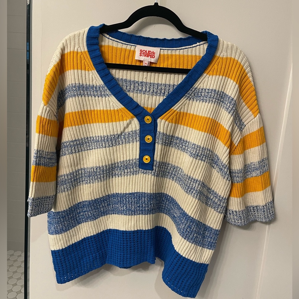 SOLID & STRIPED V-Neck Sweater with Blue, Yellow, and Cream Stripes